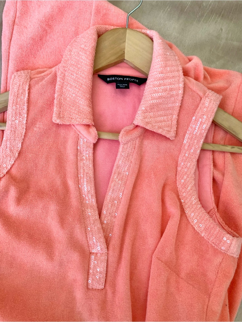Boston Proper Beach Terry Collared Sequin Trim summer Dress Coral Pink